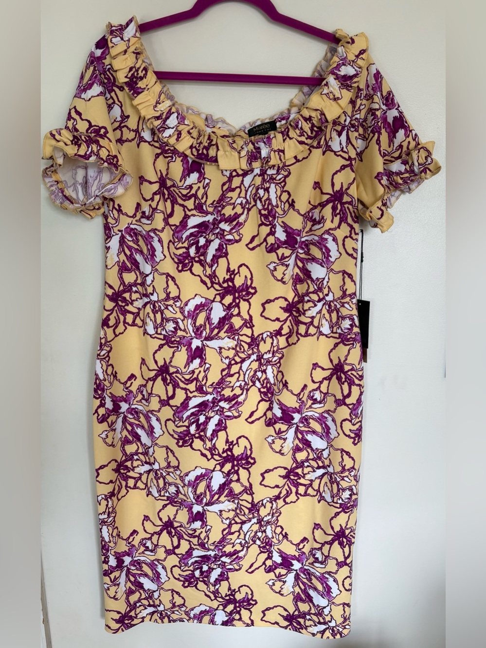 Marée Pour Toi Yellow & Purple Floral Ruffle Sheath Dress Women’s Large NWT